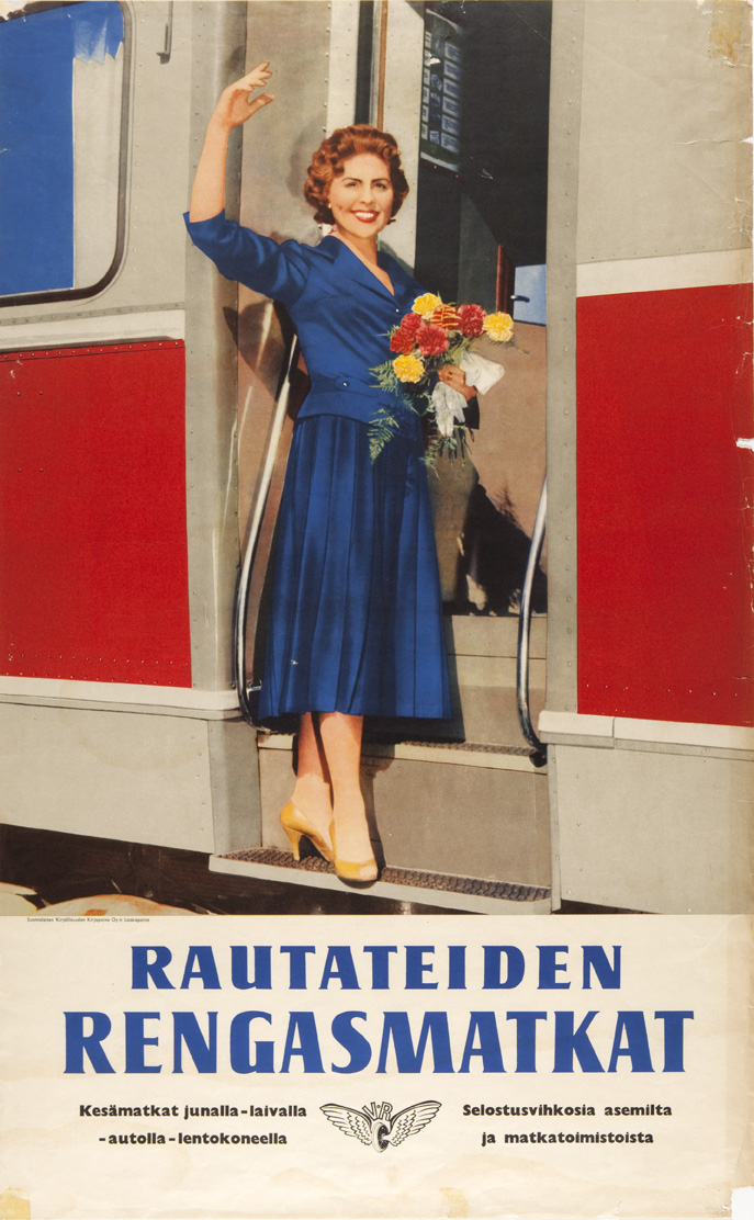 Rautateiden rengasmatkojen esitteen kansi, jossa nainen vilkuttaa junan rappusilta.