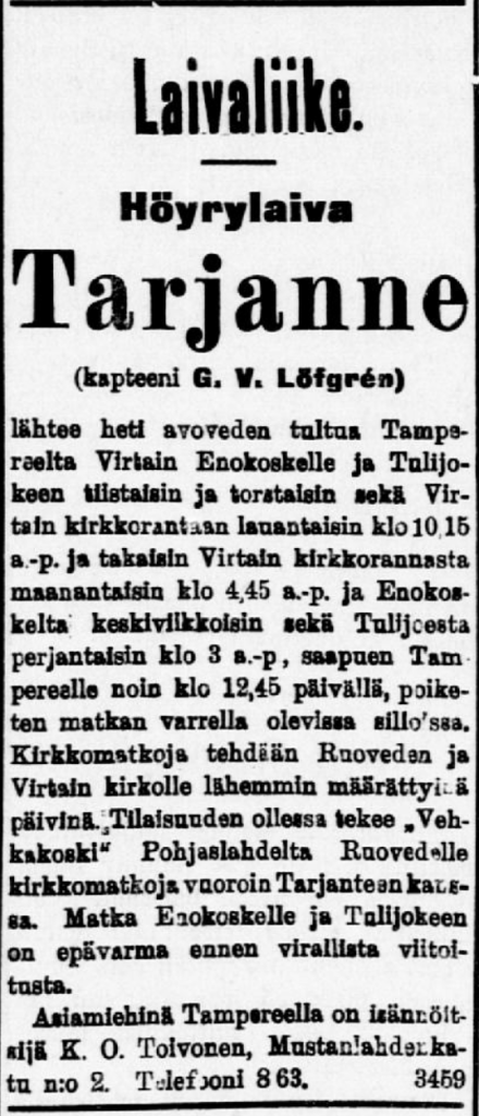 Lehtileike Tampereen Sanomista, jossa kerrotaan Tarjanteen ensimmäisistä kulkuvuoroista.