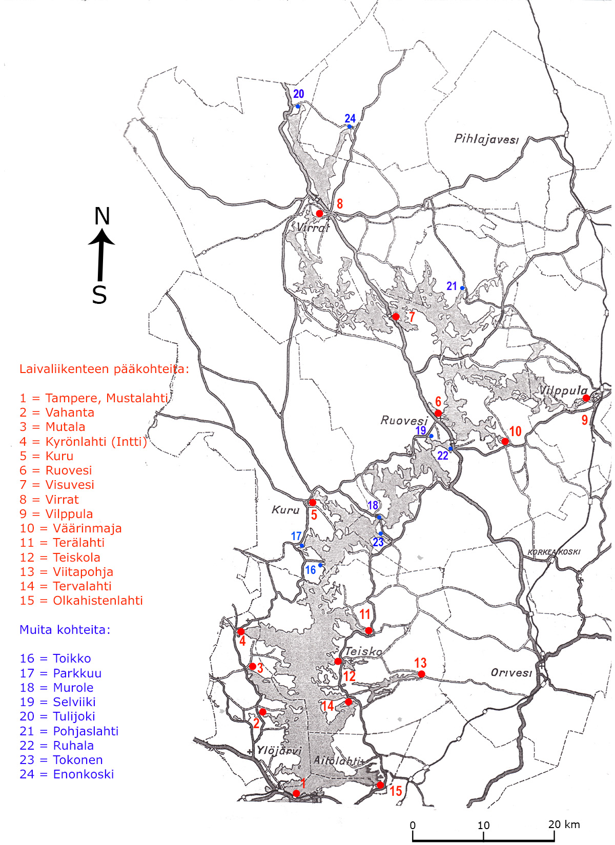 Näsijärven vesistöreitin kartta vuoden 1931 tiekartan pohjalle tehtynä.