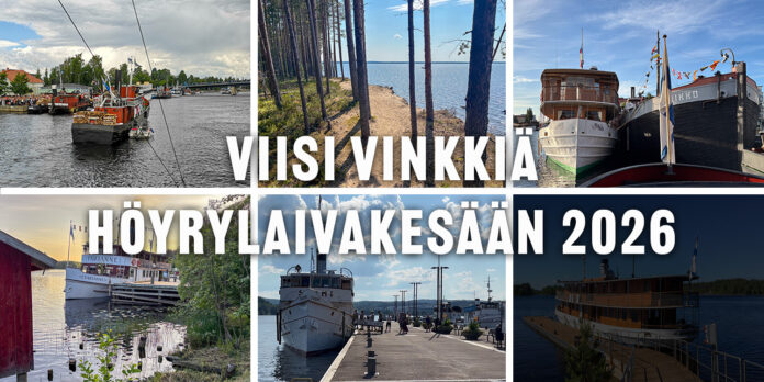 Kuusi kuvaa eri höyrylaivakohteista. Viimeinen tummennettu, koska tulossa vasta vuonna 2027